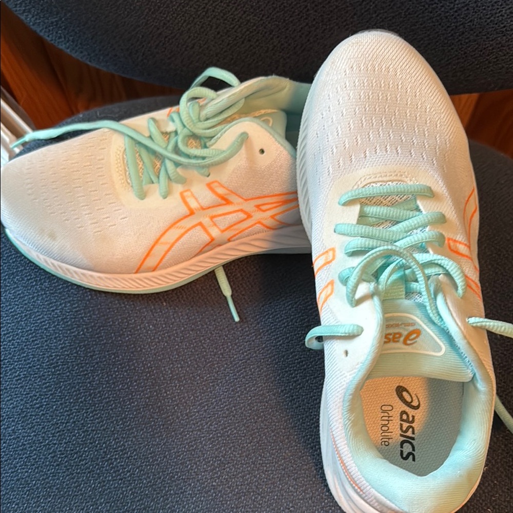 Asics White and Orange Athletic Shoes with Signature Stripe